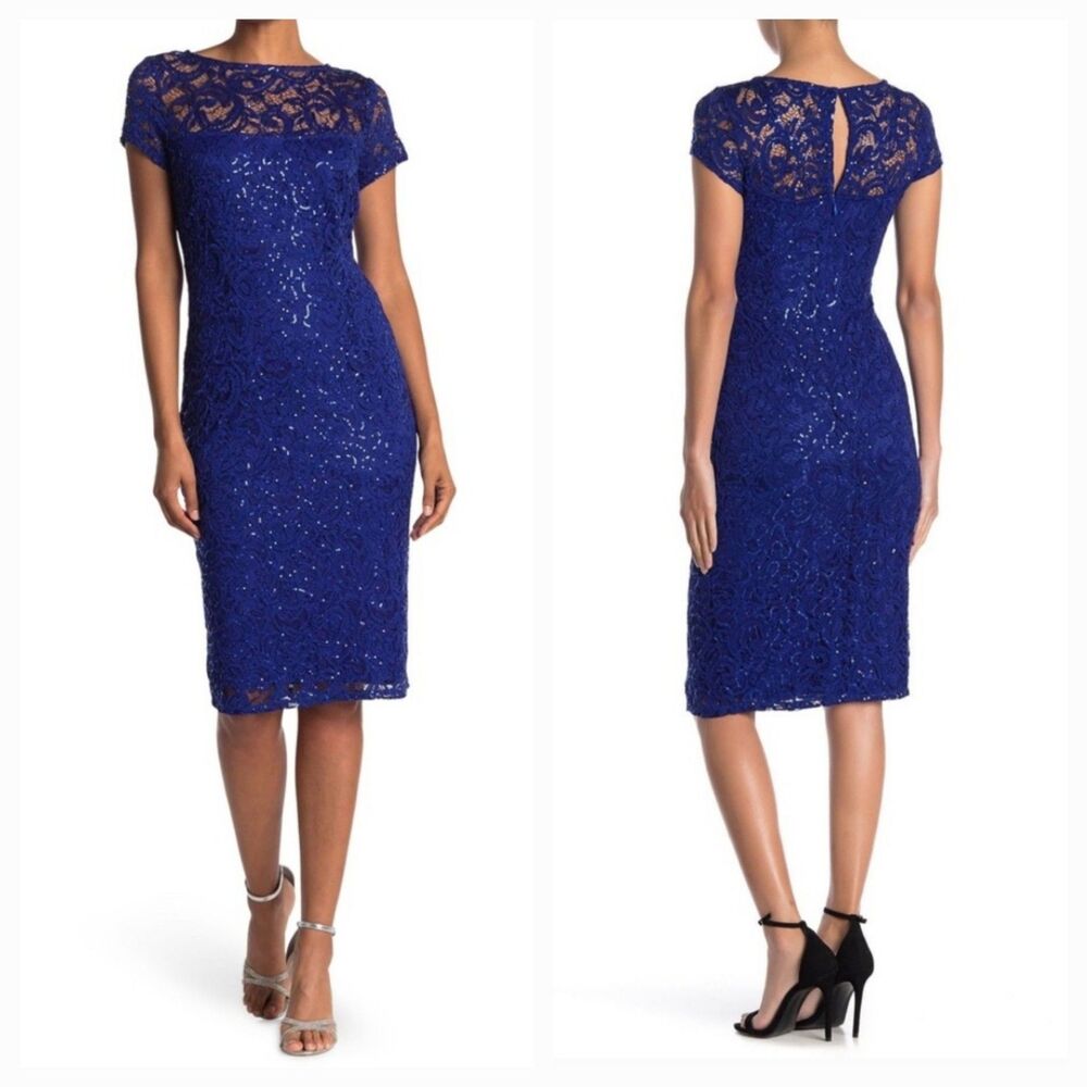 New MARINA Women's (S) Cobalt Blue Lace and Sequin Knee Length Dress $129